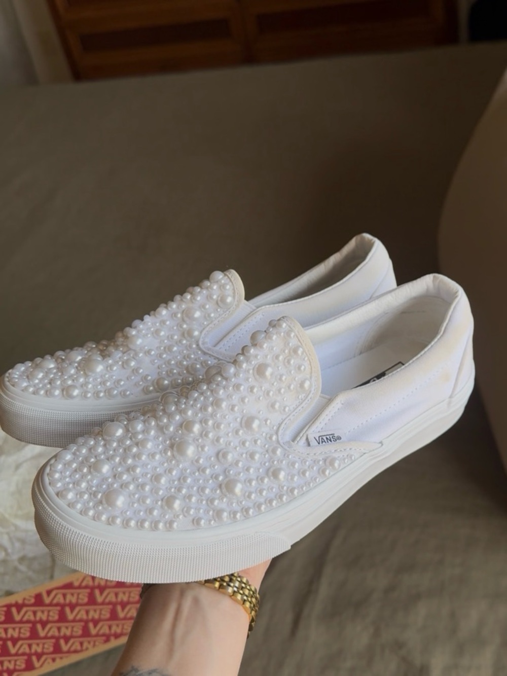 Vans White Pearl-Embellished Slip-On Sneakers